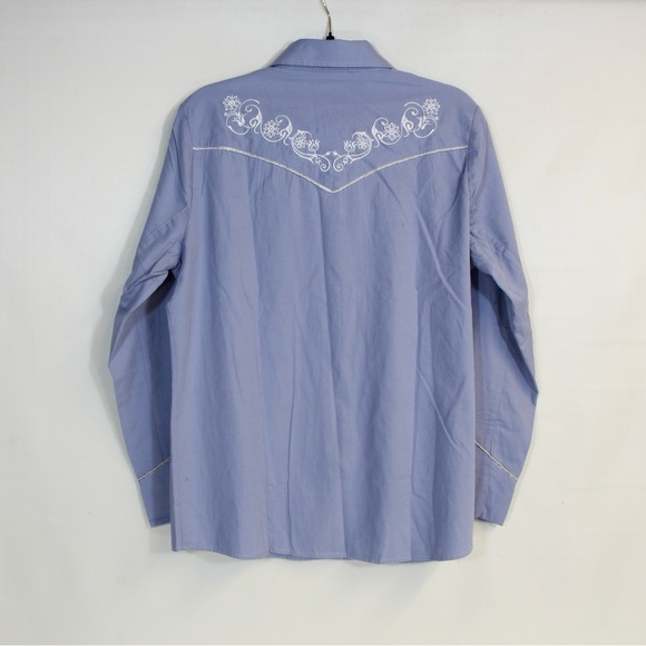 Back in the Saddle Blue Pearl Snapdown Western Embroidered Denim Top NWOT - Picture 6 of 7